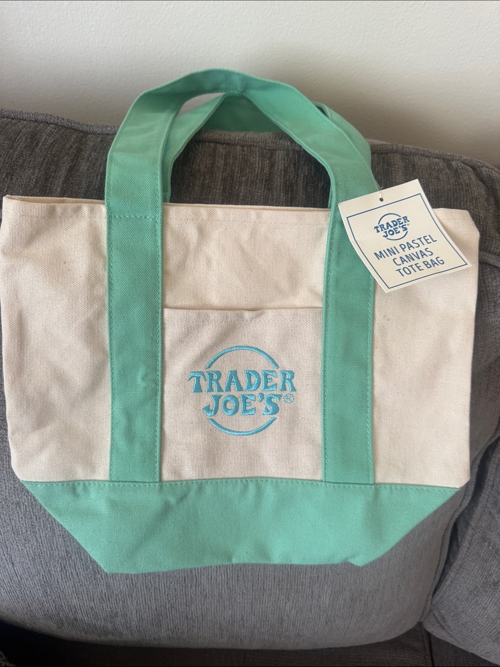 Trader Joe's Mini Pastel Canvas Tote Bag - Mint & Beige